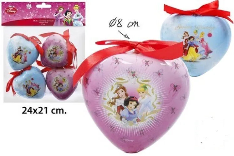 Disney Princess Heart Shape Plastic Christmas Baubles - 4 Pack