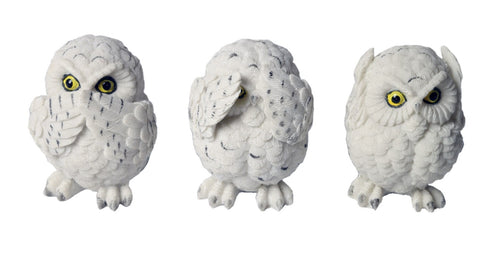 Set Of 3 White Owls - Hear Speak, & See No Evil - 8cm - The Celebrity Gift Company