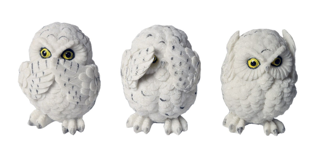 Set Of 3 White Owls - Hear Speak, & See No Evil - 8cm - The Celebrity Gift Company
